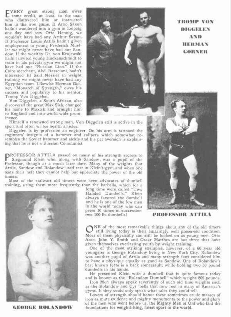 위: Tromp Von Diggelen (Max Sick의 발견자). 오른쪽: Professor Attila — Sandow·Klein의 스승. 왼쪽 아래: George Rolandow (209파운드 덤벨의 제작자).