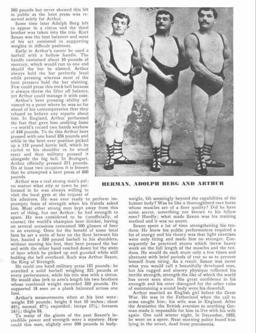 Herman, Adolph Berg, Arthur Saxon (왼쪽부터). Arthur의 공식 기록은 벤트프레스 448파운드(약 203kg).