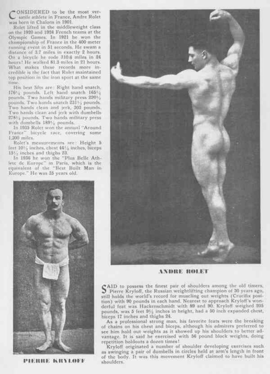 André Rolet (오른쪽, 프랑스 전방위 운동선수)와 Pierre Kryloff (왼쪽, 크루시픽스 포지션 홀드 세계기록 90파운드).