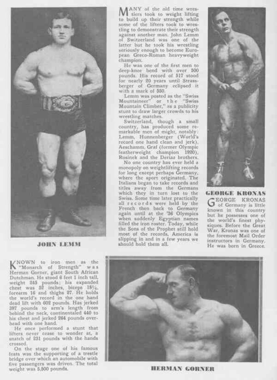 John Lemm (왼쪽, 유럽 그레코로만 헤비급 챔피언), George Kronas (오른쪽 위), Herman Gorner (오른쪽 아래, '힘의 군주').