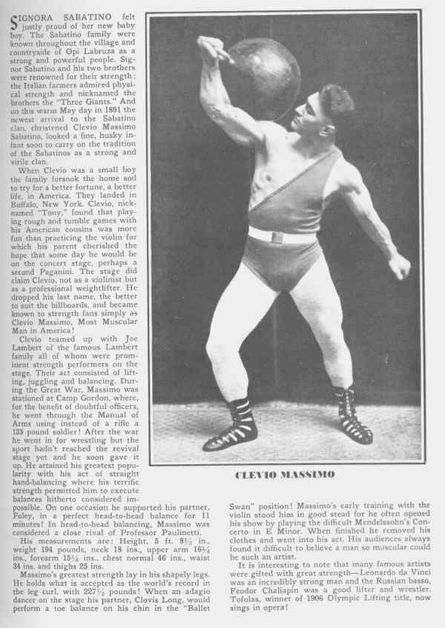 Clevio Massimo. 키 174cm, 체중 88kg. '미국에서 가장 근육질인 사람'. 바이올린과 역도를 함께 수련.