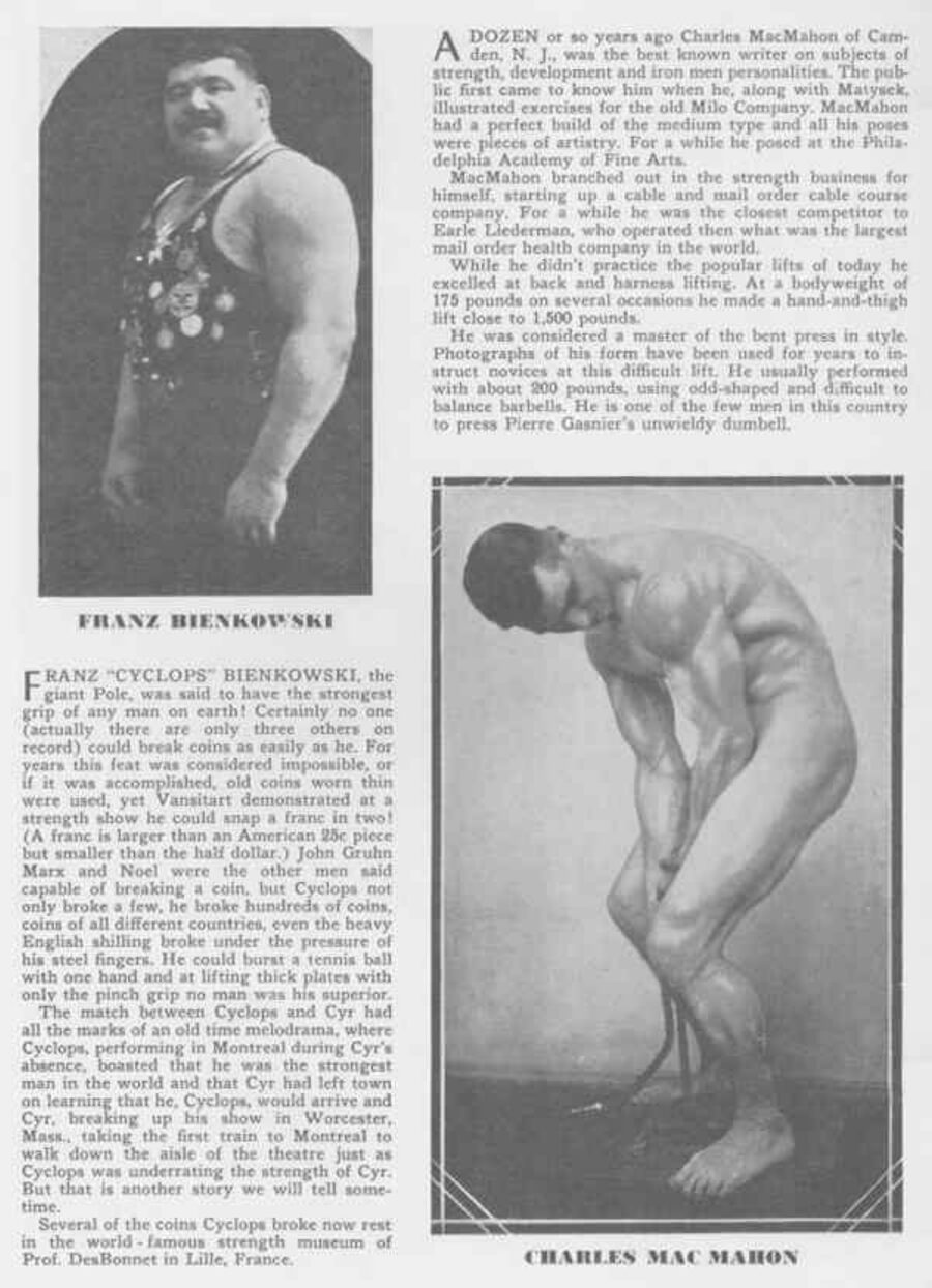 Franz 'Cyclops' Bienkowski (왼쪽, 세계 최강의 그립)와 Charles MacMahon (오른쪽, 체중 79kg으로 1,500파운드 핸드&사이 리프트).