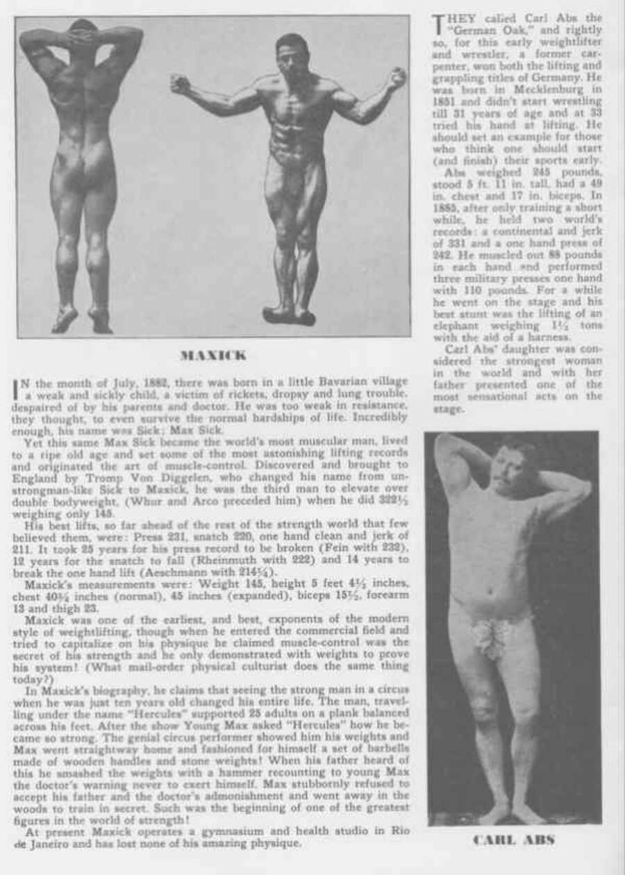 Maxick (왼쪽, 본명 Max Sick). 바이에른 시골에서 구루병·수종·폐병을 앓던 약한 아이. 오른쪽: Carl Abs, '독일의 떡갈나무'. 31세에 역도 시작.
