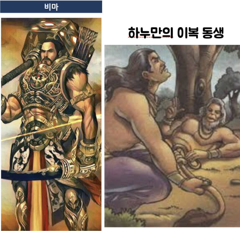거대 메이스를 휘두르는 비마와 하누만의 만남